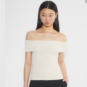 NWT! Babaton Sculpt Knit Off-Shoulder Hi-Hip Top, Light Birch, Size S